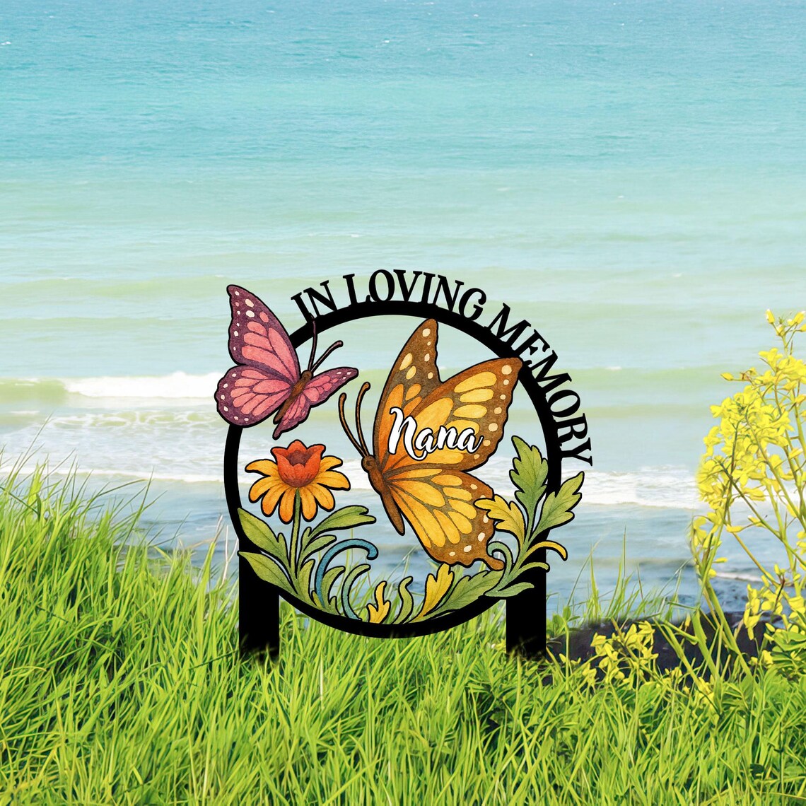 Custom Butterfly Memorial Sign with Stakes, Mother's Day Gift, Grandma Memorial Sign, Grave Marker, Nana's Blessings, In Loving Memory Yard