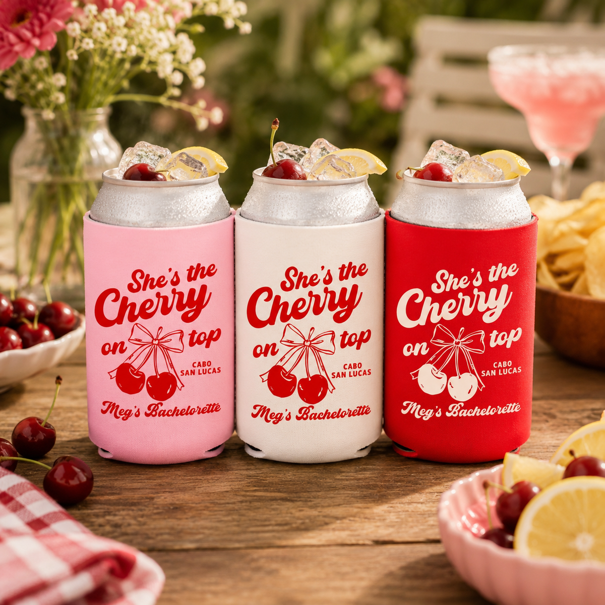 She's the Cherry on Top Bachelorette Party Can Cooler - Custom Bachelorette Party Favors - Personalized Cozies in Regular and Slim Size