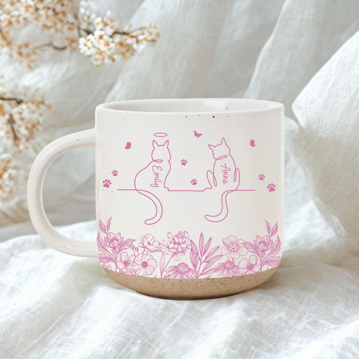 Toile De Jouy Cute Cat Line Art With Name Pottery Mug, Personalised Cat Mug, Cat Memorial Gift, Gift for Pet Mom/Pet Dad, Pet Lover's Gift