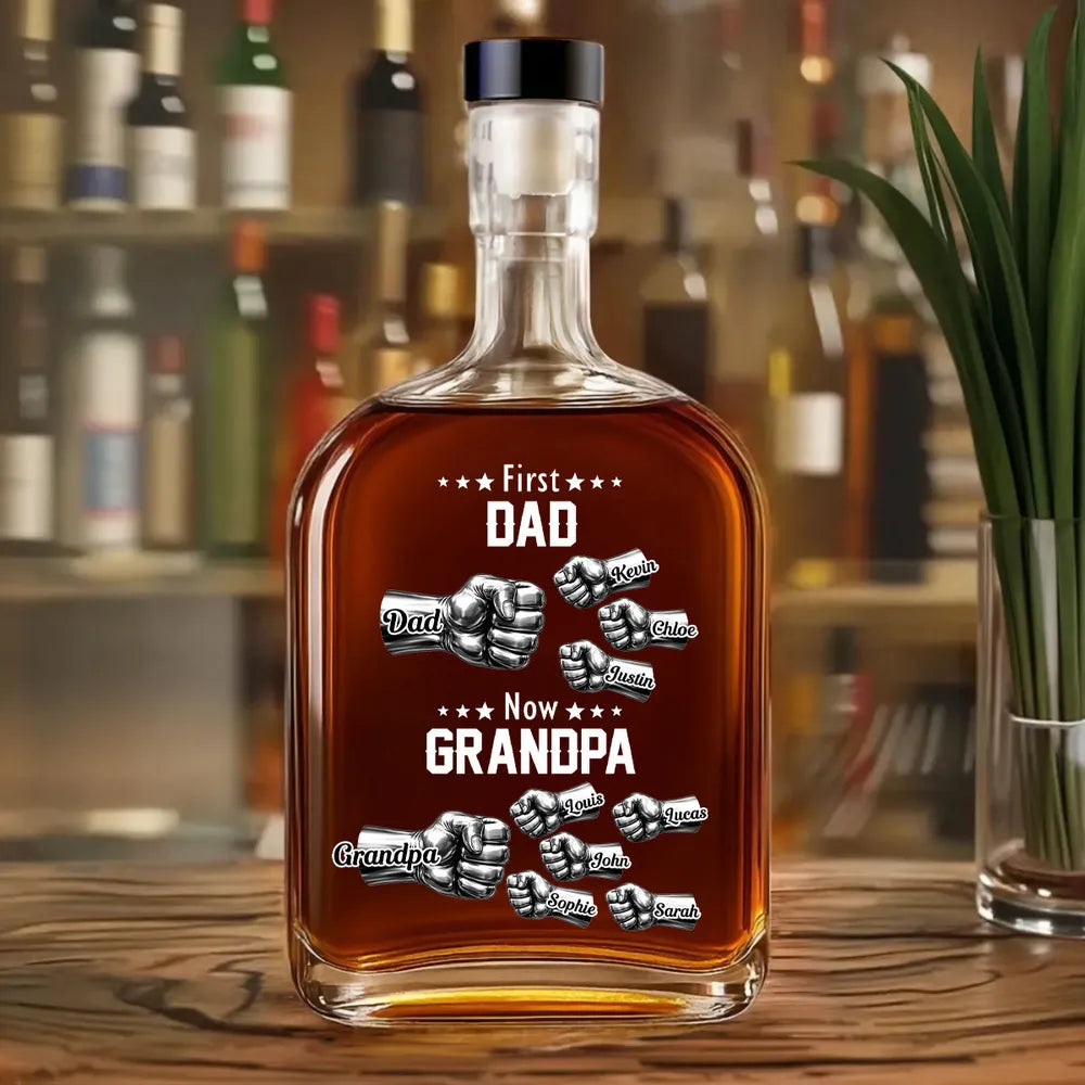 First Dad Now Grandpa Fist Bump - Personalized Whiskey Bottle - Gift For Grandpa, Daddy, Father's Day Gift