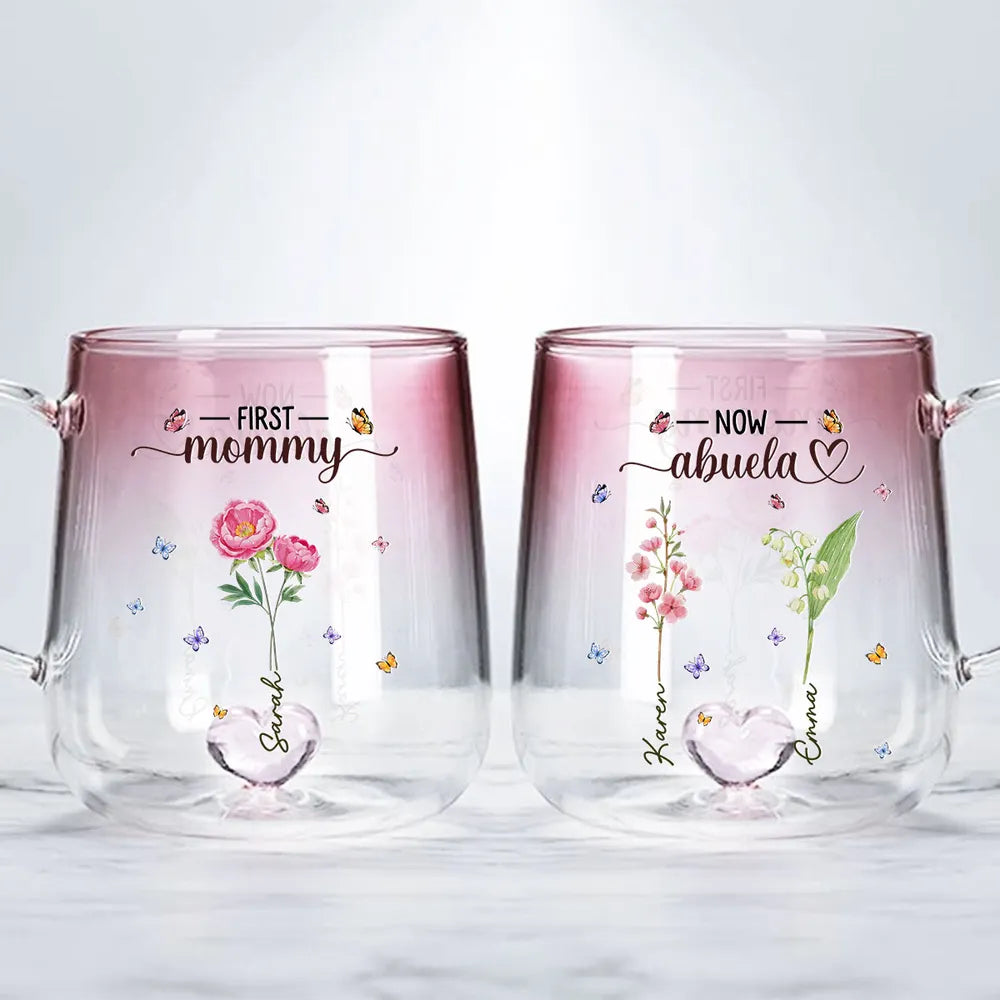 First Mom Now Grandma Flower - Personalized Gradient Glass Mug - Gift For Mom, Grandma