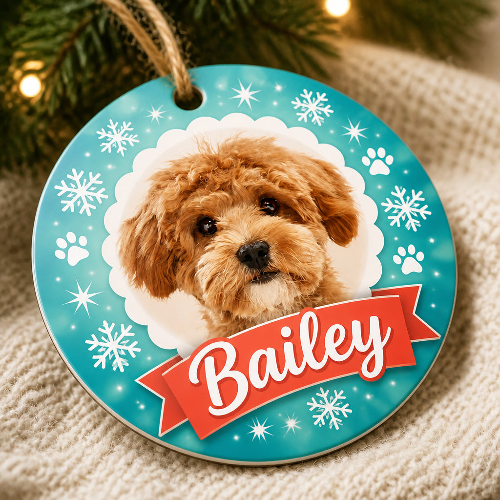 Custom Pet Photo + Name Round Ornament – Teal Snowflake Ribbon - Personalized Aluminum Ornament 4a252beb-b401-4892-952b-22674fe76162.jpg