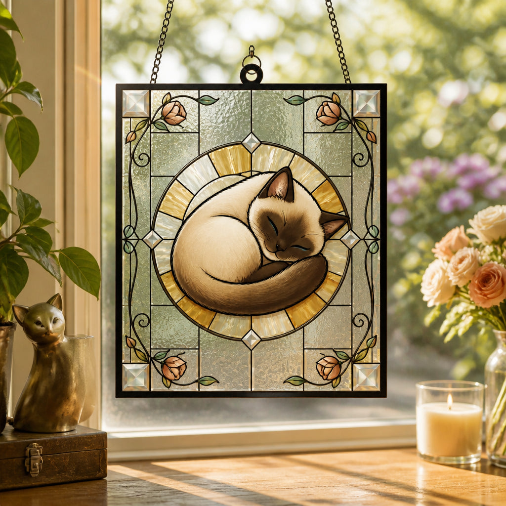 Curled Cat Art Nouveau Stained-Glass Suncatcher - Rectangle Stained Glass Suncatcher (PW) 4ab51370-6481-492f-a03d-c91cb818e1b6.jpg