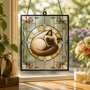 Curled Cat Art Nouveau Stained-Glass Suncatcher - Rectangle Stained Glass Suncatcher (PW) 4ab51370-6481-492f-a03d-c91cb818e1b6.jpg