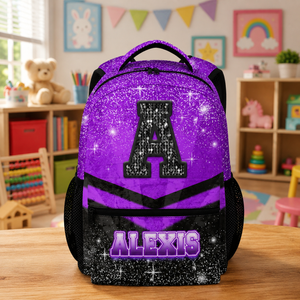 Backpack for Girls Boys Kindergarten, Personalized Cheerleader Schoolbag for Kids Preschool Primary, Lightweight Black Glitter Custom Initial Name Cheer Bookbag for School Travel Hiking