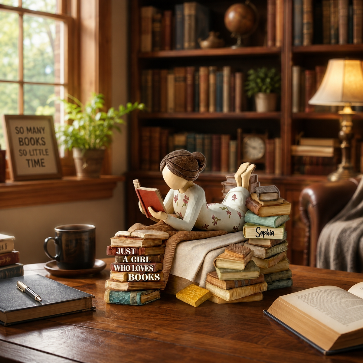 Custom Girl Reading Books Figurine – Personalized Wooden Block For Reading Lovers