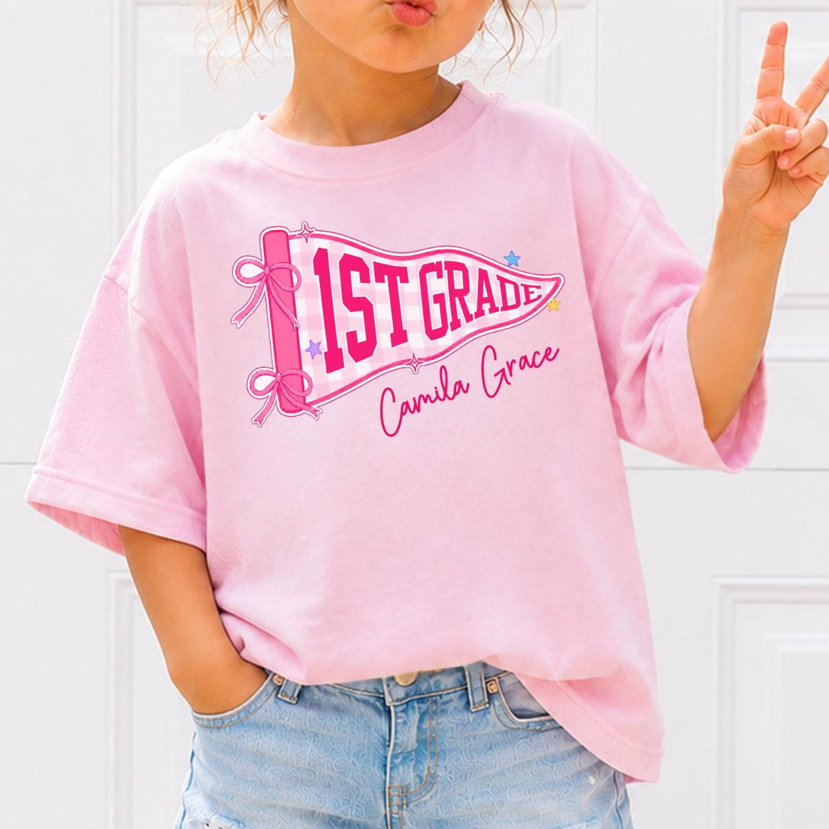Custom Boys Girls Back to School Shirt, Coquette School Top, Cute Pre K Kindergarten Shirt, First Day Of School Pennant Tee, Kids Name Shirt 4c35a33f-a177-4481-b275-c34af5968286-2.png