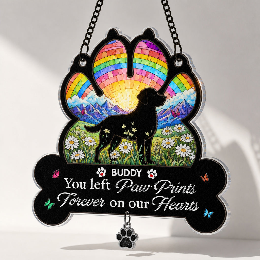 Pet Memorial Rainbow Suncatcher — Paw Prints on Our Hearts - Personalized 1 Layered Suncatcher with Charm 4c483770-d518-4507-88d8-b0037c455719.jpg