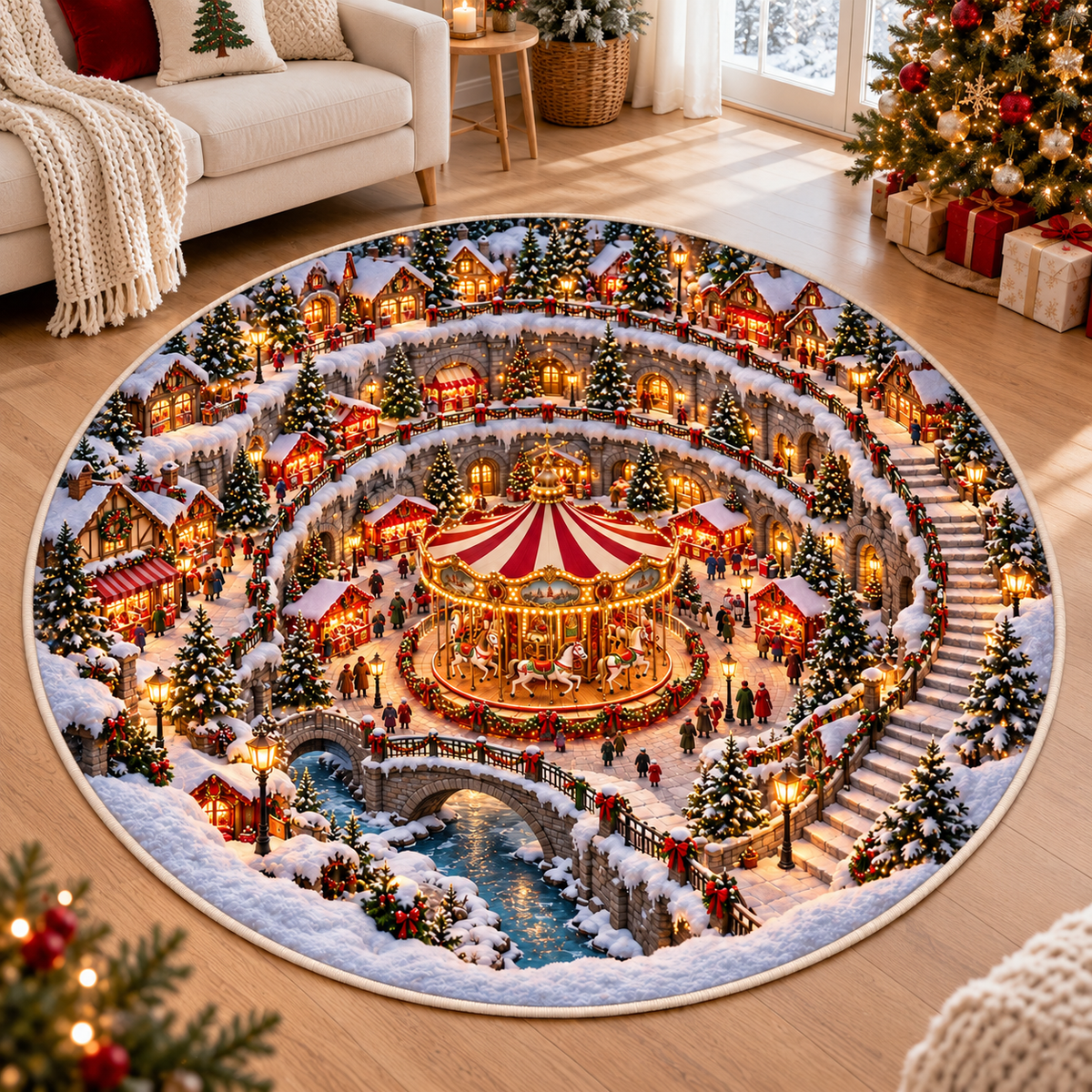 Christmas Carousel 3D Illusion Round Rug, Snowy Christmas Market Village Floor Mat, Winter Wonderland Area Carpet, Festive Holiday Home Decor 4d30dd17-e657-4754-a9fb-b99cafee1c70-Circular-Christmas-carousel-illusion-rug-1.png