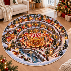 Christmas Carousel 3D Illusion Round Rug, Snowy Christmas Market Village Floor Mat, Winter Wonderland Area Carpet, Festive Holiday Home Decor 4d30dd17-e657-4754-a9fb-b99cafee1c70-Circular-Christmas-carousel-illusion-rug-1.png