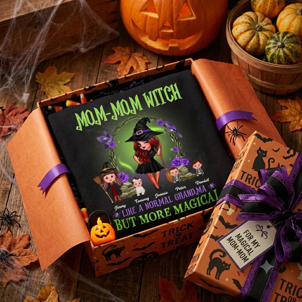 Purple And Green Pretty Grandma & Grandkids Halloween Personalized Shirt