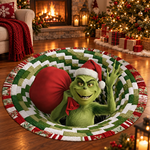 Green Trouble Maker Quilted Round Mat | Funny Grinche Rug for Playful Christmas Home Decor 4dc82432-cba1-442a-890a-e89feec41395-jhjhj-1-.png