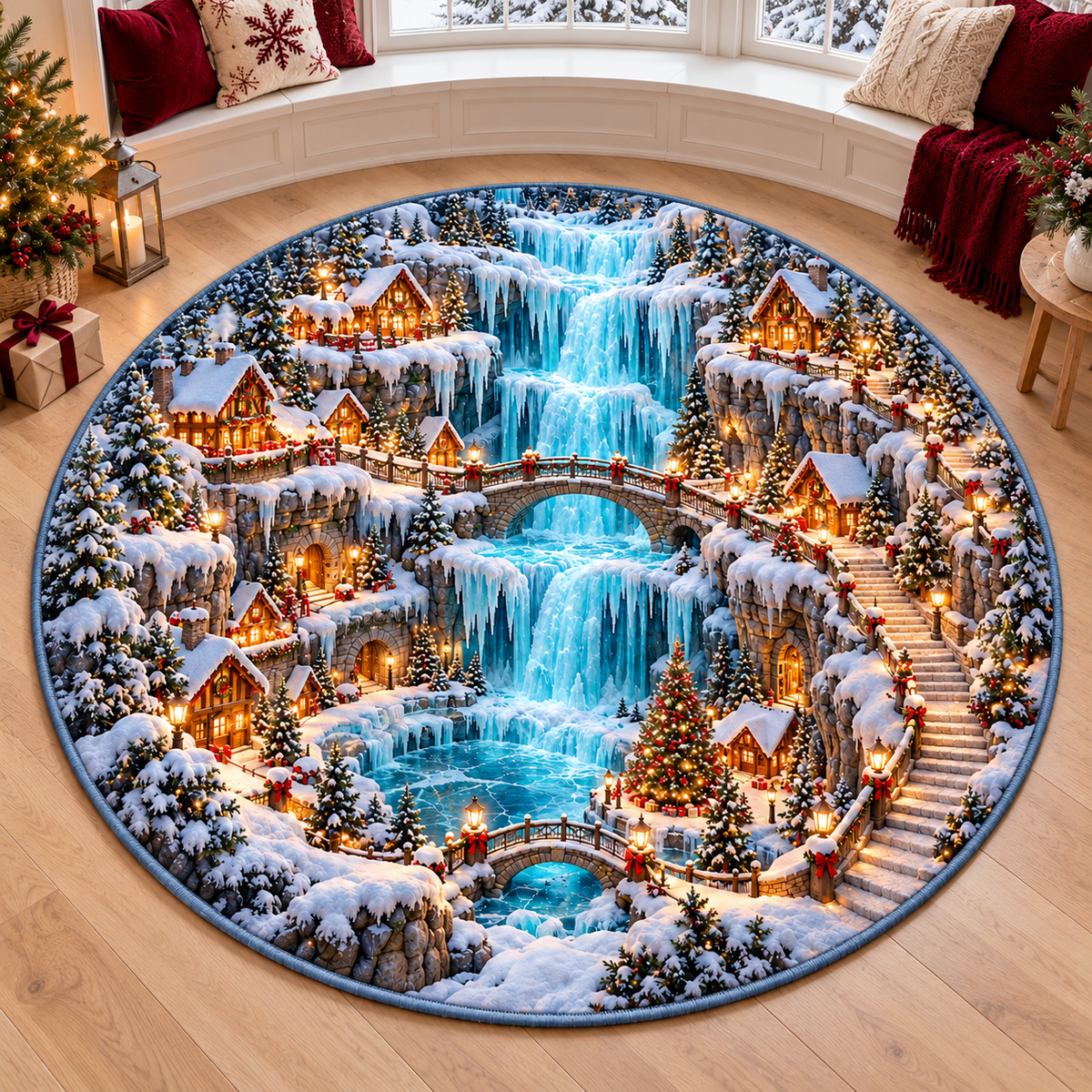 Frozen Waterfall Village 3D Illusion Round Rug, Snowy Christmas Floor Mat, Winter Wonderland Area Carpet, Holiday Living Room Decor 4df57d11-0d45-4026-8ac5-7722d50dfe4a-Frozen-Waterfall-Village-Rug-3.png