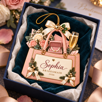 Personalized Bridesmaid Christmas Ornament 2026 – Custom Name Pink Handbag with Flowers and Champagne, Bridesmaid Thank You Gift, Bridal Party Keepsake 4df59ab3-4f2e-4ee1-b5d4-a90e6204f6ed-Personalized-bridesmaid-ornament-in-navy-gift-box.png