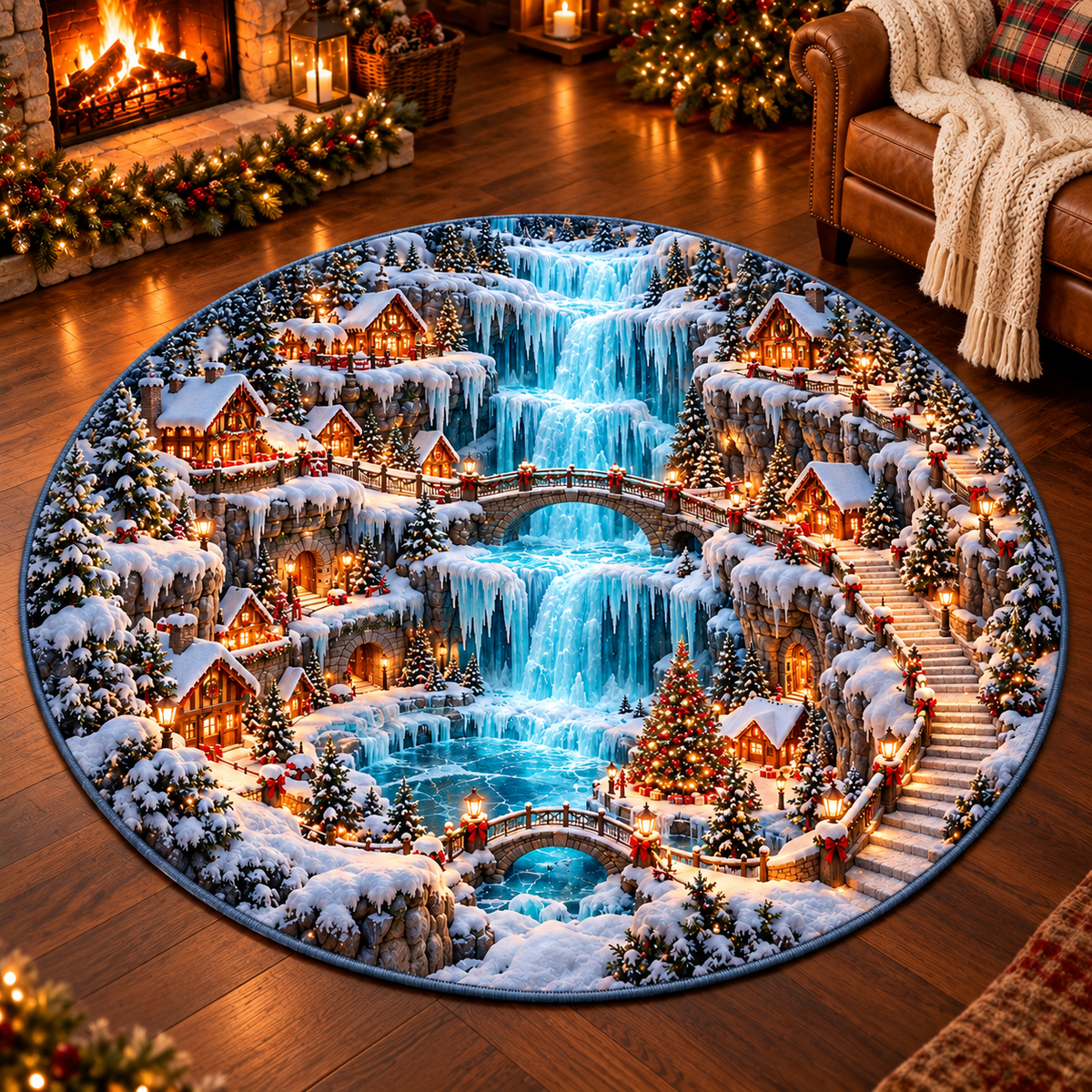 Frozen Waterfall Village 3D Illusion Round Rug, Snowy Christmas Floor Mat, Winter Wonderland Area Carpet, Holiday Living Room Decor 4e3eca9a-5ff1-4f6d-97d6-f7a6c718422c-Frozen-Waterfall-Village-Rug-in-Cozy-Chalet-2.png