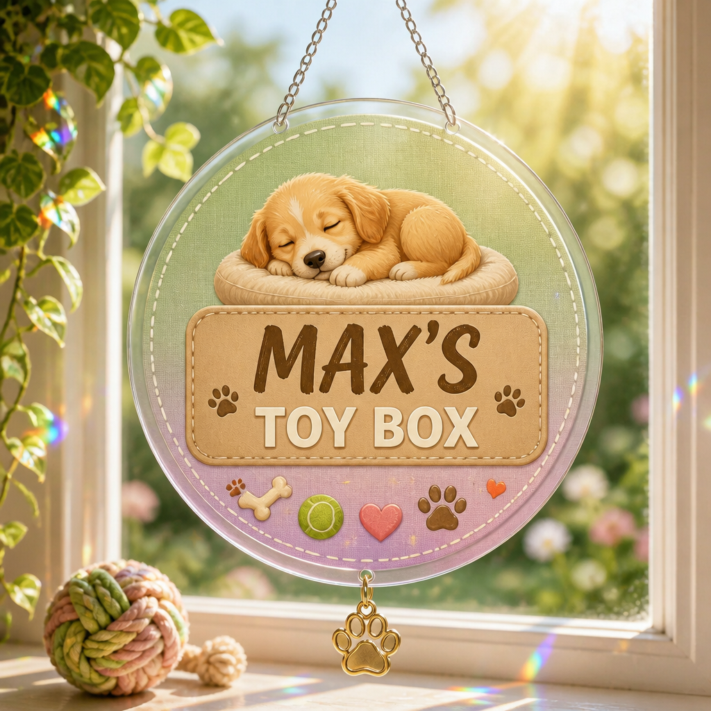 Personalized Pet Toy Storage Bin — Name's Toy Box - Personalized 1 Layered Suncatcher with Charm 4eee9351-533f-4b44-9a29-b4cf3d7baa58.png