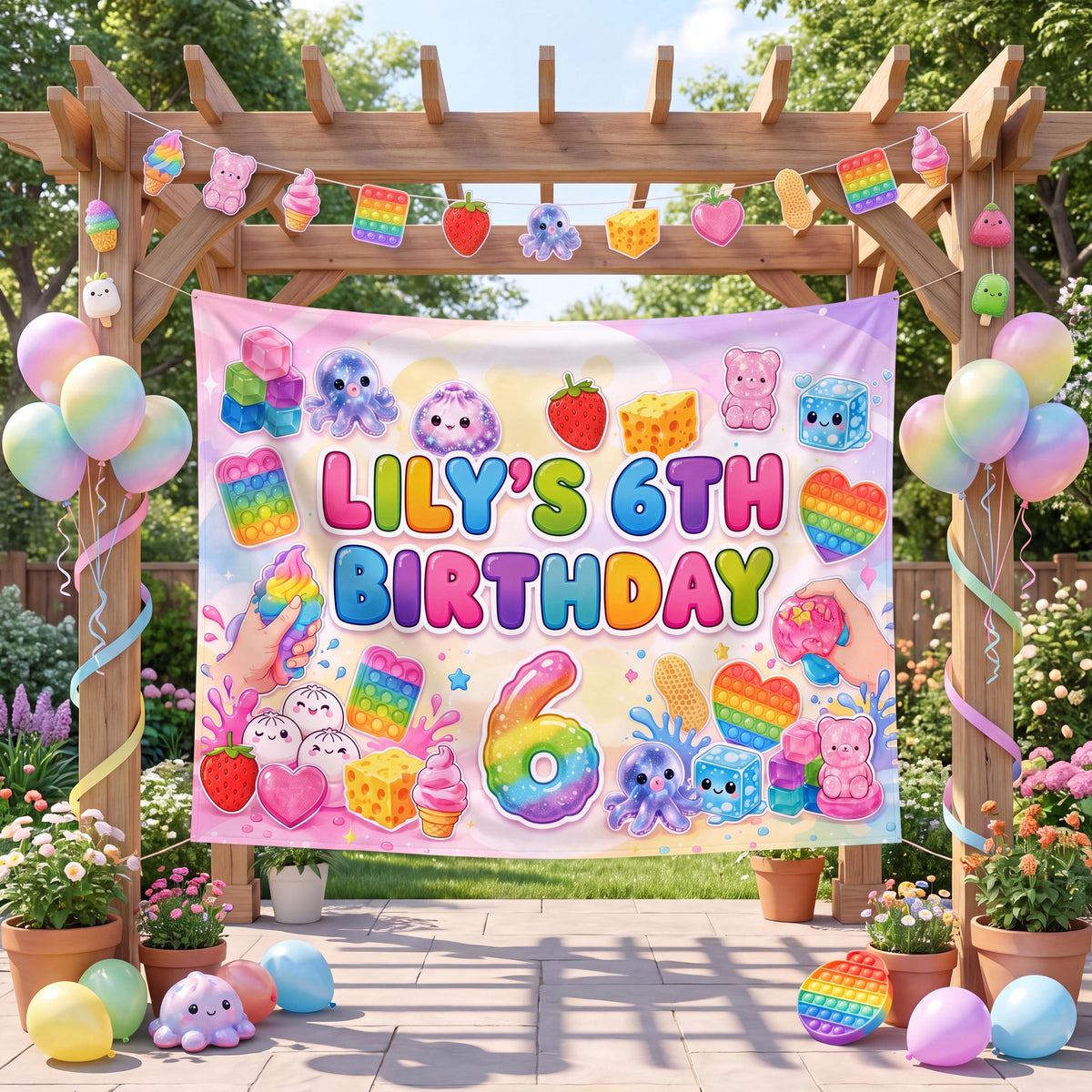 Custom Pastel Rainbow Kawaii Birthday Backdrop, Sensory Toy Fidget Party Banner, Personalized Dumpling Tapestry Photo Booth Decor 4ef0c4b5-6c15-499f-aa52-05ab1861dbee-1.jpg