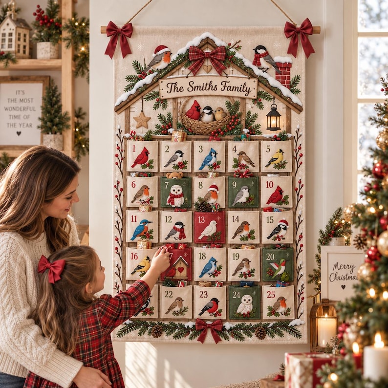 Personalized Bird Christmas Fabric Advent Calendar, 25 Day Pocket Countdown, Custom Family Name Quilted Wall Hanging, Bird Lover Xmas Decor 4ef171b0-77d3-4f8c-b0d0-0e6be45a0c32-il_794xN.8554973126_cyz4.jpg