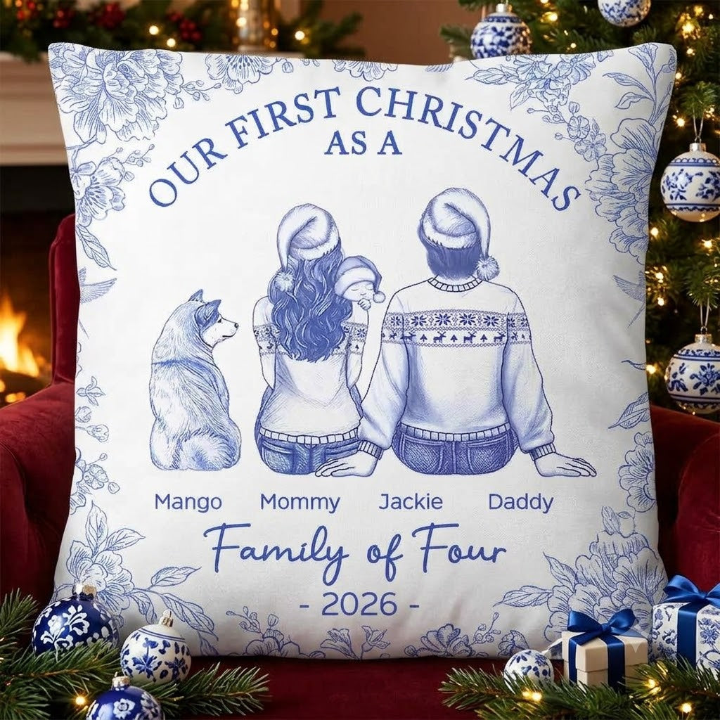 Blue Toile de Jouy Holiday Decor, Personalized New Parent Gift - Personalized Pillow