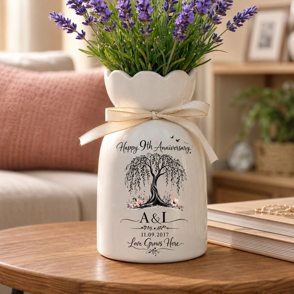 Custom 9th Anniversary Willow Tree Ceramic Flower Vase, Couple Weeding , 9 Years Anniversary Flower Ceramic Vase, Gift Couple, Parents Gift