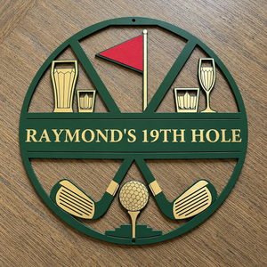 Custom Name Aniversary Hole Golf Gifts - Personalized Shaped Metal Sign for Golfers 4f56f644-b2d2-4cc4-b0ae-de268c328a23-Raymond-s-19th-Hole-golf-sign.png