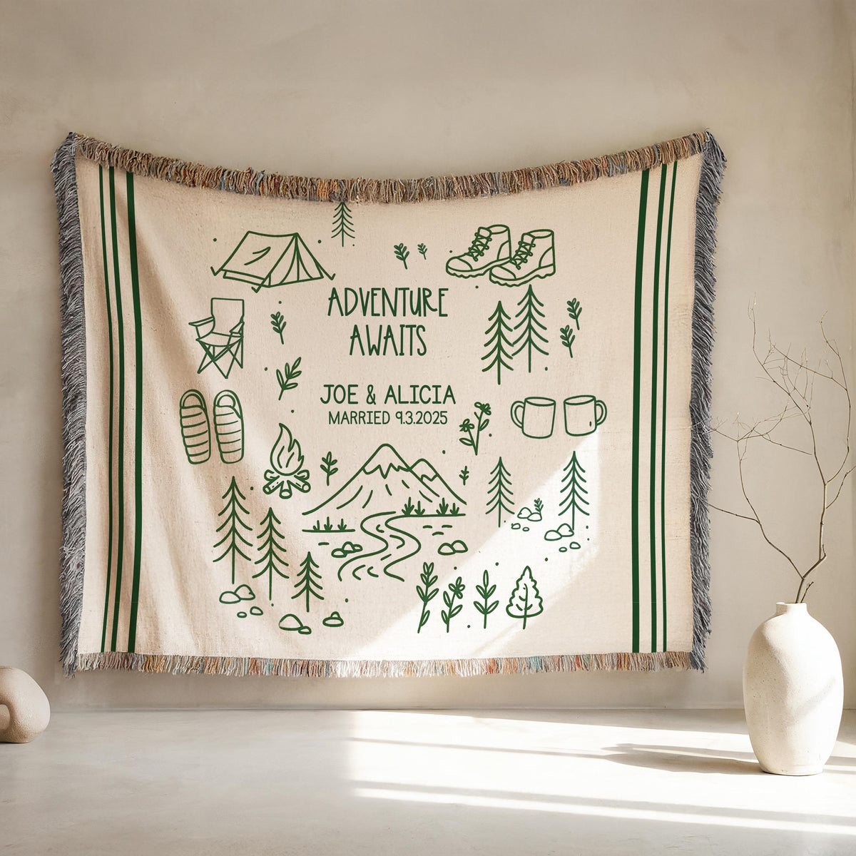 Personalized Couples Woven Throw Blanket | Adventure Awaits Moss Green Boho Stripe, Doodle Style Home Accent Wedding Engagement Anniversary 4f9bb8ad-5b13-4c1d-92a4-27f62acc565b-2.jpg
