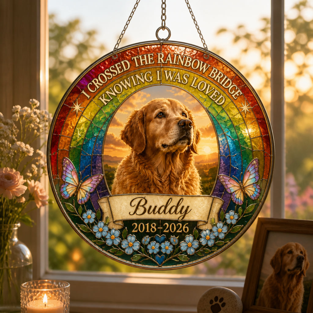 Rainbow Bridge Pet Memorial Stained-Glass Suncatcher — Photo, Name & Years - Personalized Suncatcher Stained Glass 4faf3631-338c-40ca-9f1b-5803c36d80ea.jpg