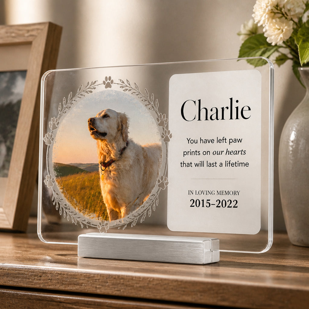 Pet Memorial Acrylic Plaque – Paw Prints On Our Hearts (Photo, Name & Years) - Personalized Acrylic Plaque 4ff8b789-d974-4616-8196-14a721d5fe4c.jpg