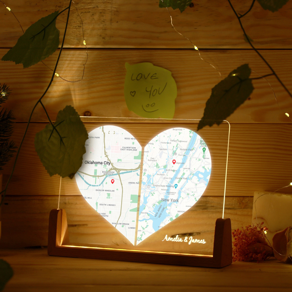 Custom Two Location Heart - Personalized Desk Name Plate - Gift Long Distance Love, Engaged Couples, Anniversary Gifts