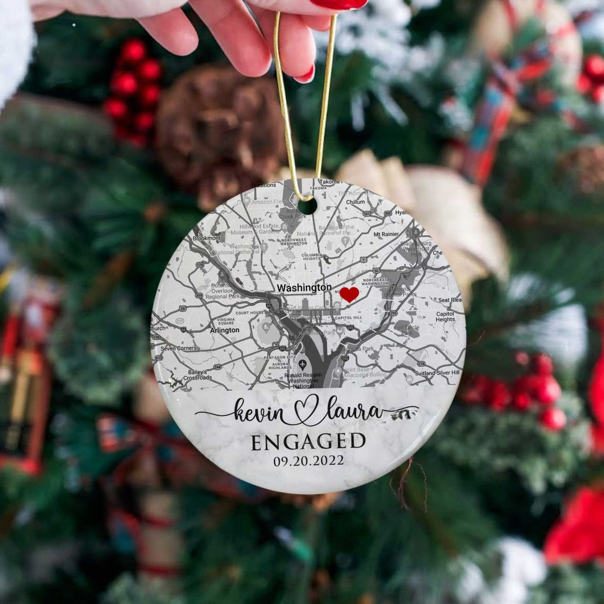 Engaged Ornament, Personalized Map Ornament Engagement Gift, Custom Location Bridal Shower Gift For Bride To Be, Just Engaged Gifts For Couple