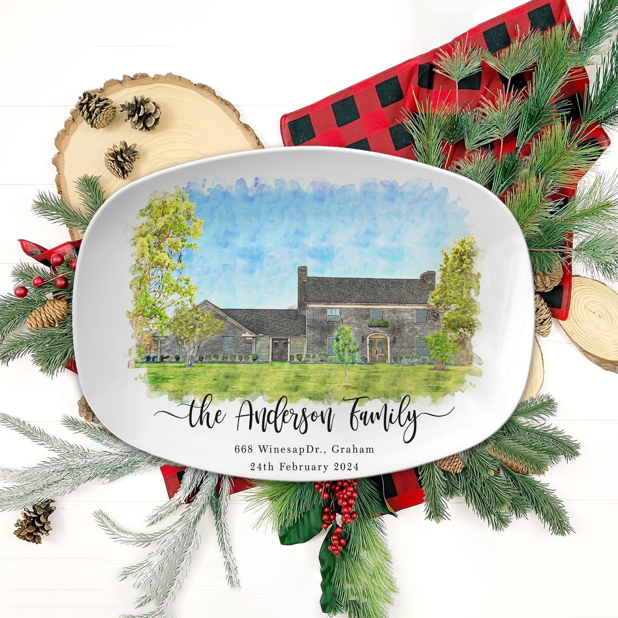 Personalized House Portrait Platter, Watercolor Effect House Painting Platter, Housewarming Gift, Realtor Closing Gift, First Home Gift