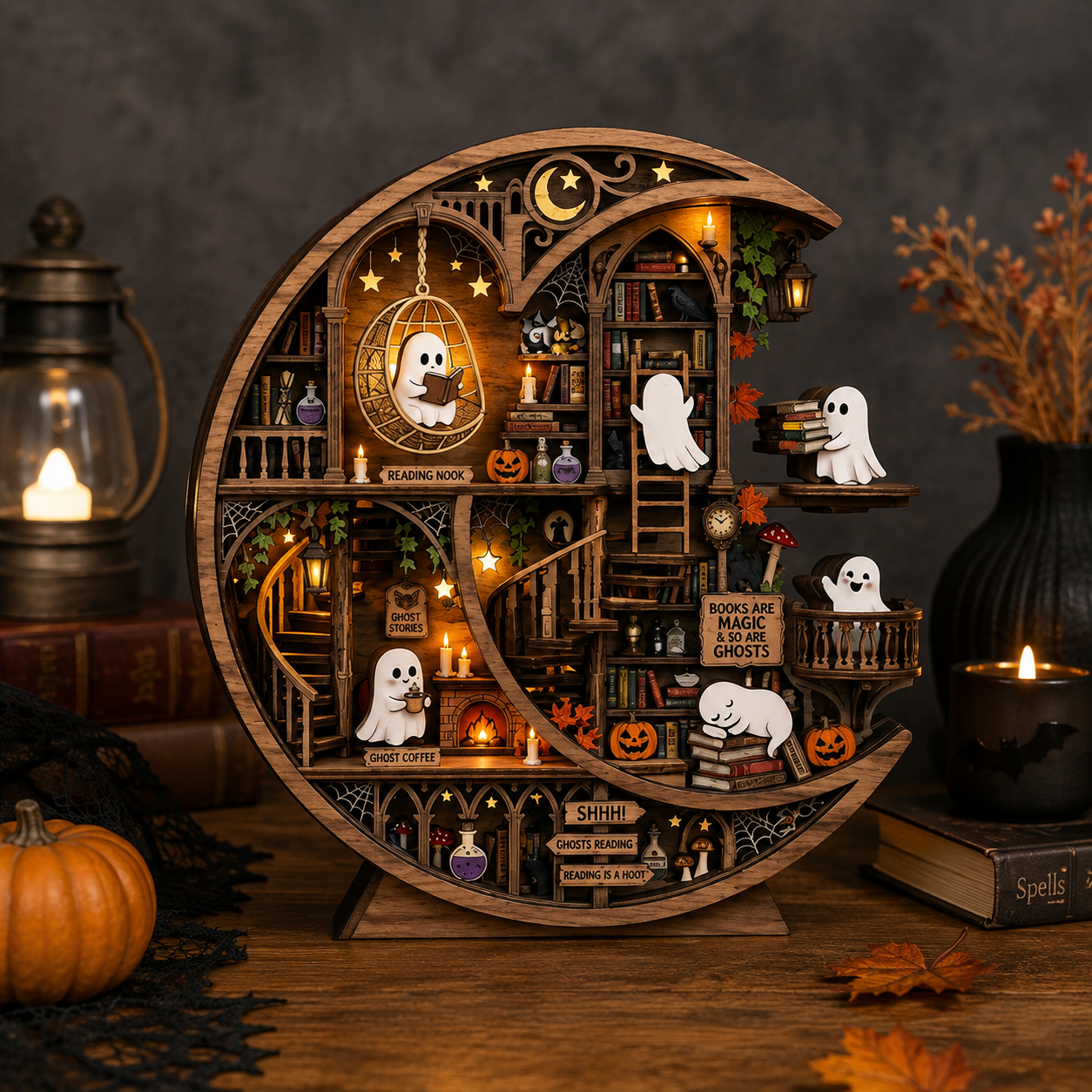 Halloween Ghost Library, Reading Ghost Halloween Wooden Block, Pumpkin Bookshelf Decor, Spooky Book Lover Shelf Sign Fall Reading Room Decor 5087717a-5215-4377-a7fa-080225ea5031-a7b937e1-7a17-4753-8399-74f8821d193e.png