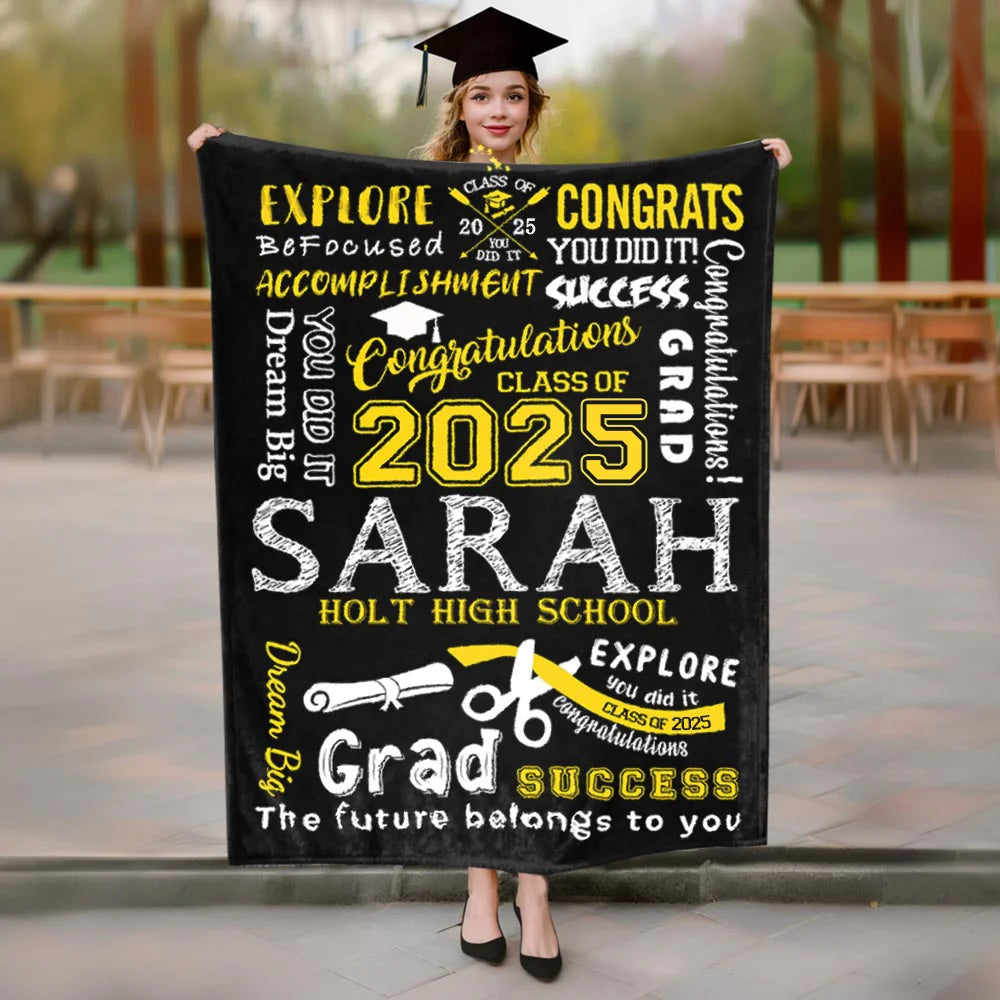 Personalised Graduation Inspiration Multicolor Soft Fleece Name Blanket with Year and School Name Class of 2025 Graduation Gift for Graduate