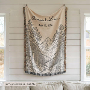 Personalized Mountain Woven Blanket, Custom Couple Name Date Throw, Forest Wedding Gift, Cotton Anniversary Gift for Couples Nature Lovers 509ae220-ed7d-4e97-bbc5-587418b1db28-4.jpg