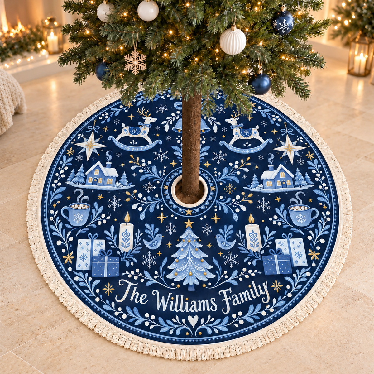 Personalized Blue Folk Art Christmas Tree Skirt: Custom Family Name Fringed Winter Mat, Gift For Family 50d05ffd-23db-40d8-9d10-629be91b29c4-Navy-Christmas-Tree-Skirt-in-Elegant-Room.png