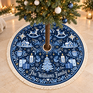 Personalized Blue Folk Art Christmas Tree Skirt: Custom Family Name Fringed Winter Mat, Gift For Family 50d05ffd-23db-40d8-9d10-629be91b29c4-Navy-Christmas-Tree-Skirt-in-Elegant-Room.png