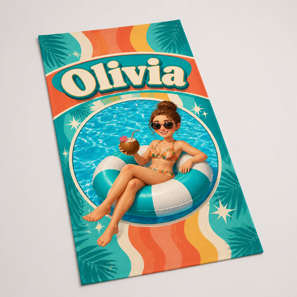 Photo-to-Cartoon Beach Towel – Name + Pool Float Portrait - Personalized Beach Towel 50dc15de-98a9-4e7f-a863-2eeb796bfb37.jpg