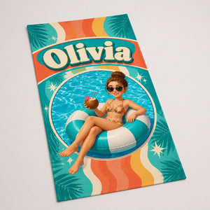 Photo-to-Cartoon Beach Towel – Name + Pool Float Portrait - Personalized Beach Towel 50dc15de-98a9-4e7f-a863-2eeb796bfb37.jpg