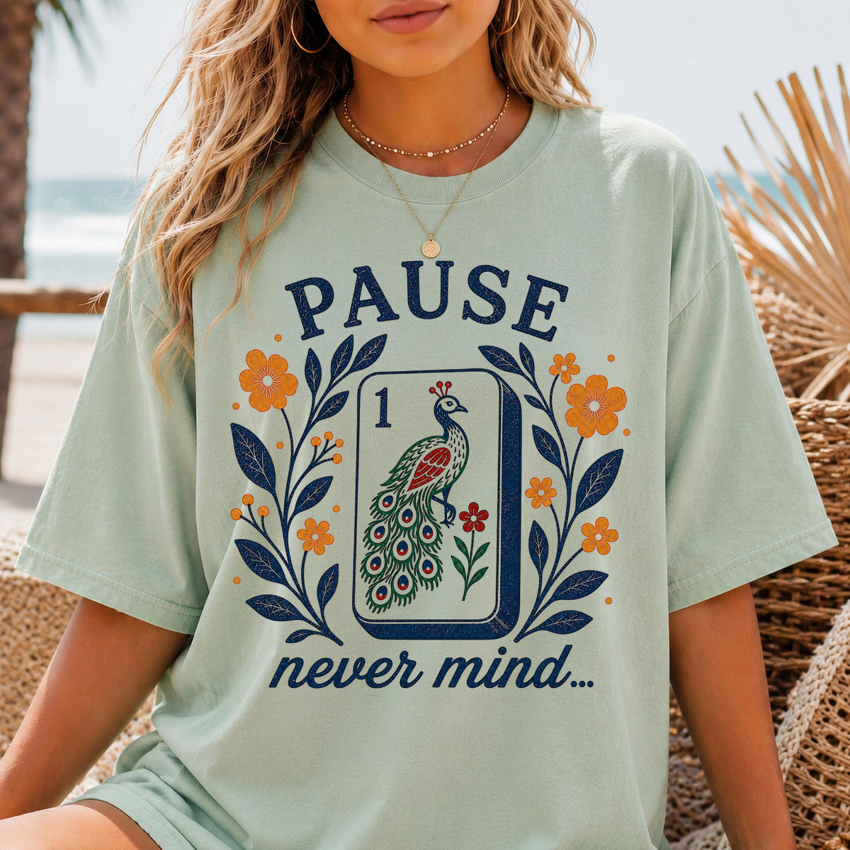 Pause Nevermind, Funny Mahjong Shirt, Peacock Mahjong Tee, Comfort Colors Graphic T-Shirt, Mahjong Player, Retro Floral, Mahj, Yellow Blue 51563d7f-b28d-4523-9e2f-afbc57ff8607-6.png