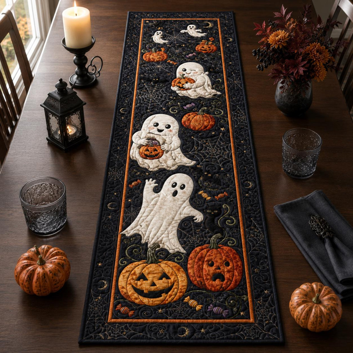 Quilted Ghost Halloween Table Runner, Spooky Pumpkin Decor 518acf7d-1f89-4073-a5d6-f0f323152487-1.jpg