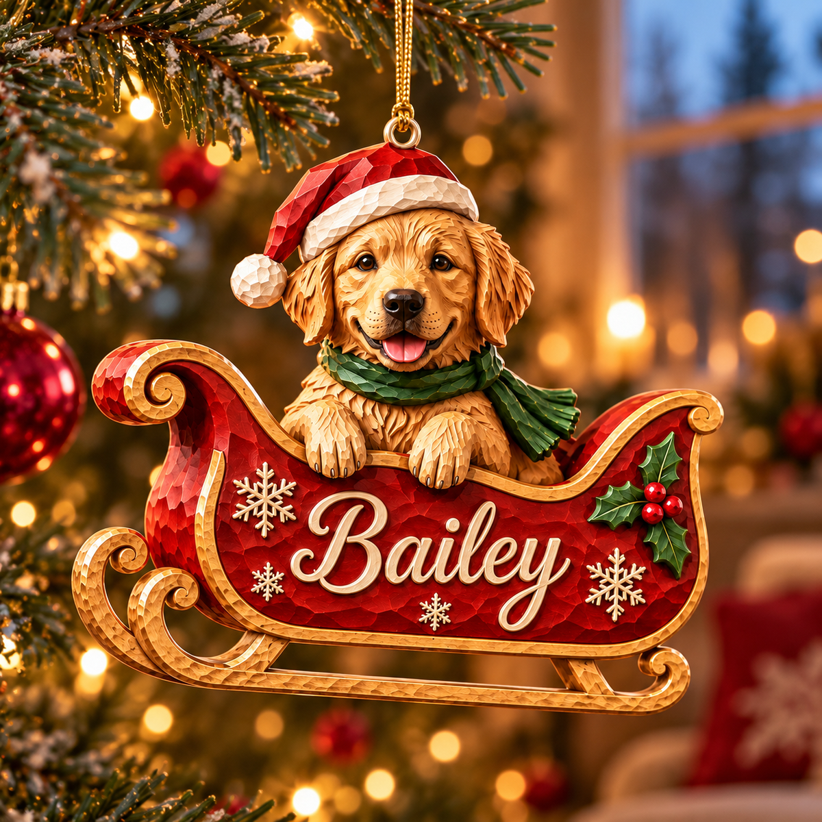 Personalized Dog Christmas Ornament – Custom Pet Photo & Name, 3D Relief Santa Sleigh Ornament, Christmas Gift for Dog Lovers 518d7270-d165-4bbb-b172-87e726c974fa-Bailey-Puppy-Sleigh-Ornament-by-the-Window-1.png