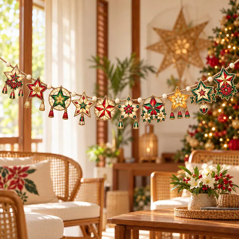 Wooden Garland: Filipino Christmas Parol Stars with Ivory Beads, Red Green Gold 51903cbb-50ec-4bc4-9760-9eb4e2559c30-dsffgre-3-.webp
