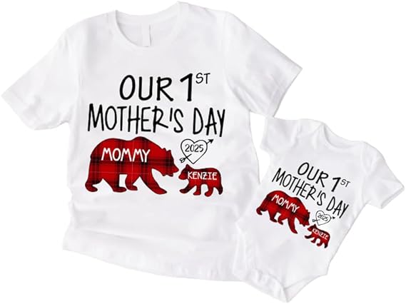 Mama Bear Plaid Pattern Personalized Our First Mothers Day Matching Shirts, Mom Baby Matching Outfits Mothers Day 2025