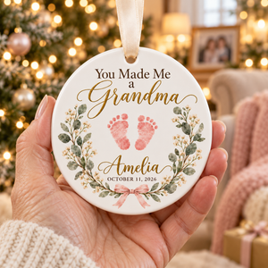 Personalized New Grandma Christmas Ornament, You Made Me a Grandma, Baby Footprint & Custom Name Keepsake, First Grandchild Gift 51aac0b9-34ba-47ef-aae0-b93fb20c7131-Amelia-s-blush-pink-grandma-ornament-3.png