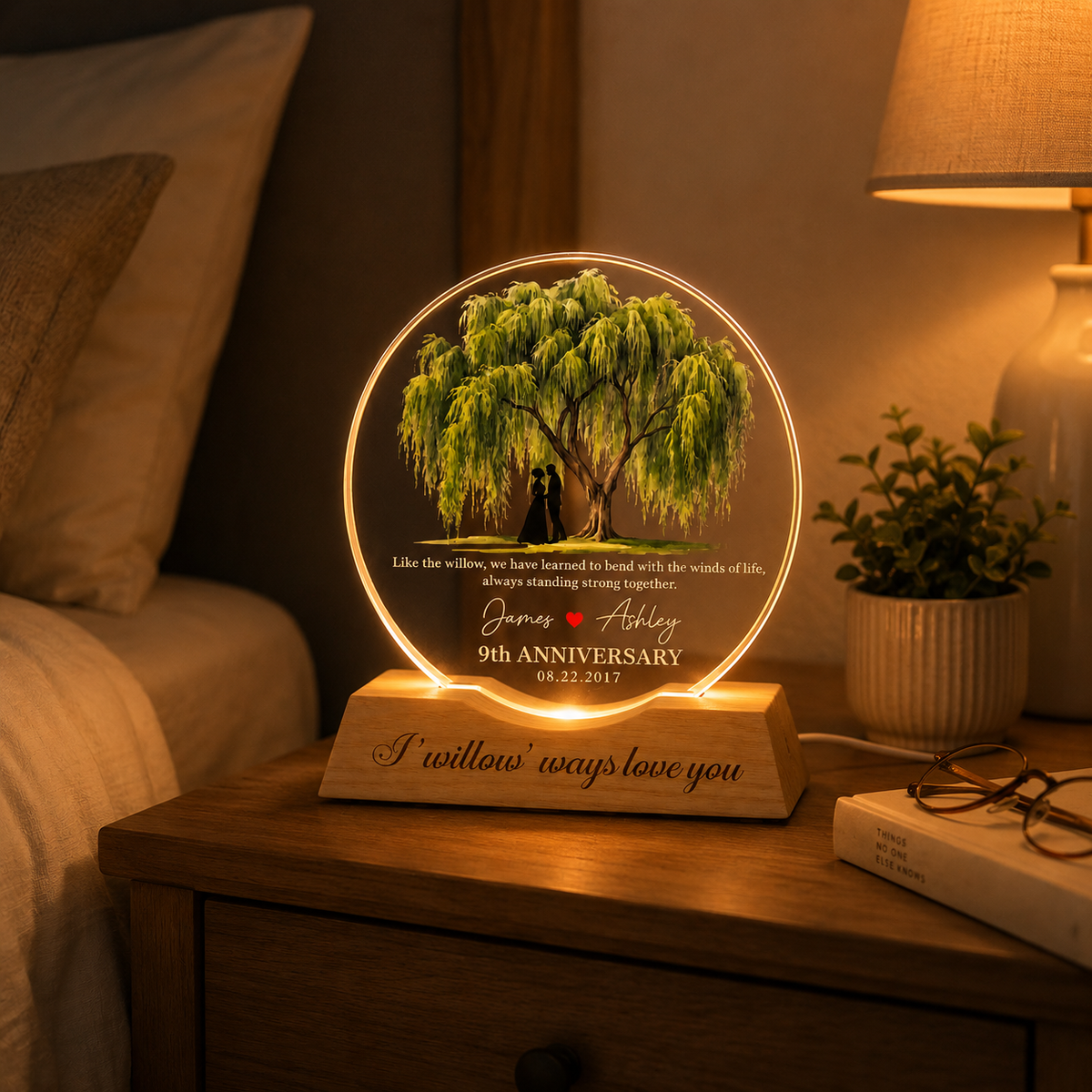 9th Anniversary Gift, Personalized Willow Tree Night Light, 9th Anniversary Lamp, Romantic Wedding Gift for Couple, Home Decor Gift for Wife
