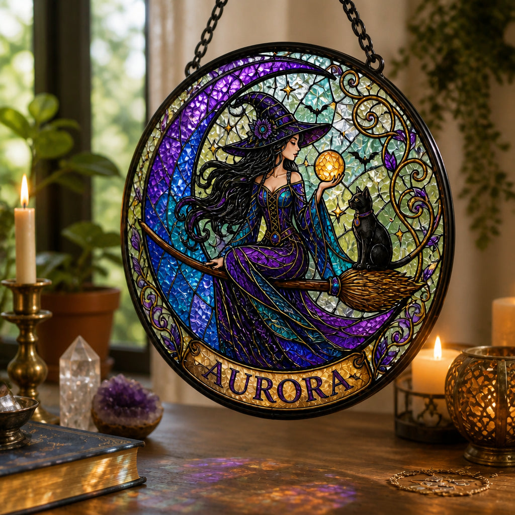 Personalized Witch & Cat Crescent Stained Glass Suncatcher - Personalized Suncatcher Stained Glass 51c9ad7f-f944-44c1-8797-473aa7b08f59.jpg