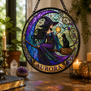 Personalized Witch & Cat Crescent Stained Glass Suncatcher - Personalized Suncatcher Stained Glass 51c9ad7f-f944-44c1-8797-473aa7b08f59.jpg