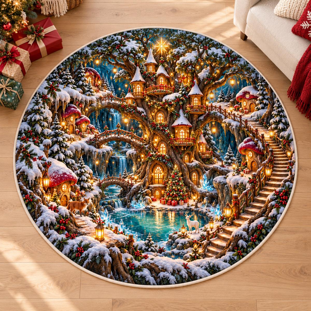 Fantasy Forest Christmas 3D Illusion Round Rug, Enchanted Treehouse Village Floor Mat, Fairy Tale Winter Area Carpet, Whimsical Holiday Home Decor 51d79f38-8194-48ca-a3b9-c43905bcb693-Top-Down-Fantasy-Christmas-Forest-Rug-2.png