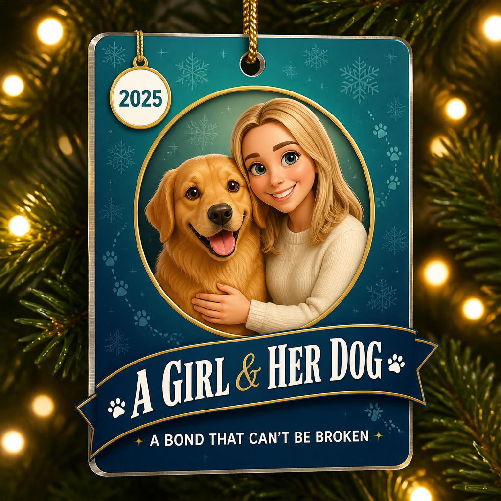 A Girl & Her Dog – Cartoon Photo Aluminum Ornament - Personalized Aluminum Ornament 51dc6840-2cc1-4525-ad73-f7d99ad5374d.png