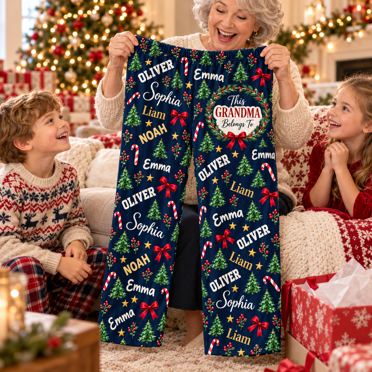 Personalized Grandma and Grandpa Christmas Pajama Pants – Custom Grandkids Names, Christmas Tree and Bow Print, Holiday Gift for Grandparents 51fa36d8-33df-4fe6-bcbb-7effc2663a7e-Grandma-s-Personalized-Pajama-Surprise-2.png